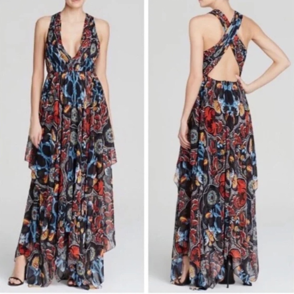 Alice + Olivia Kora Printed V-Neck Hankerchief Maxi Dress Sz 4